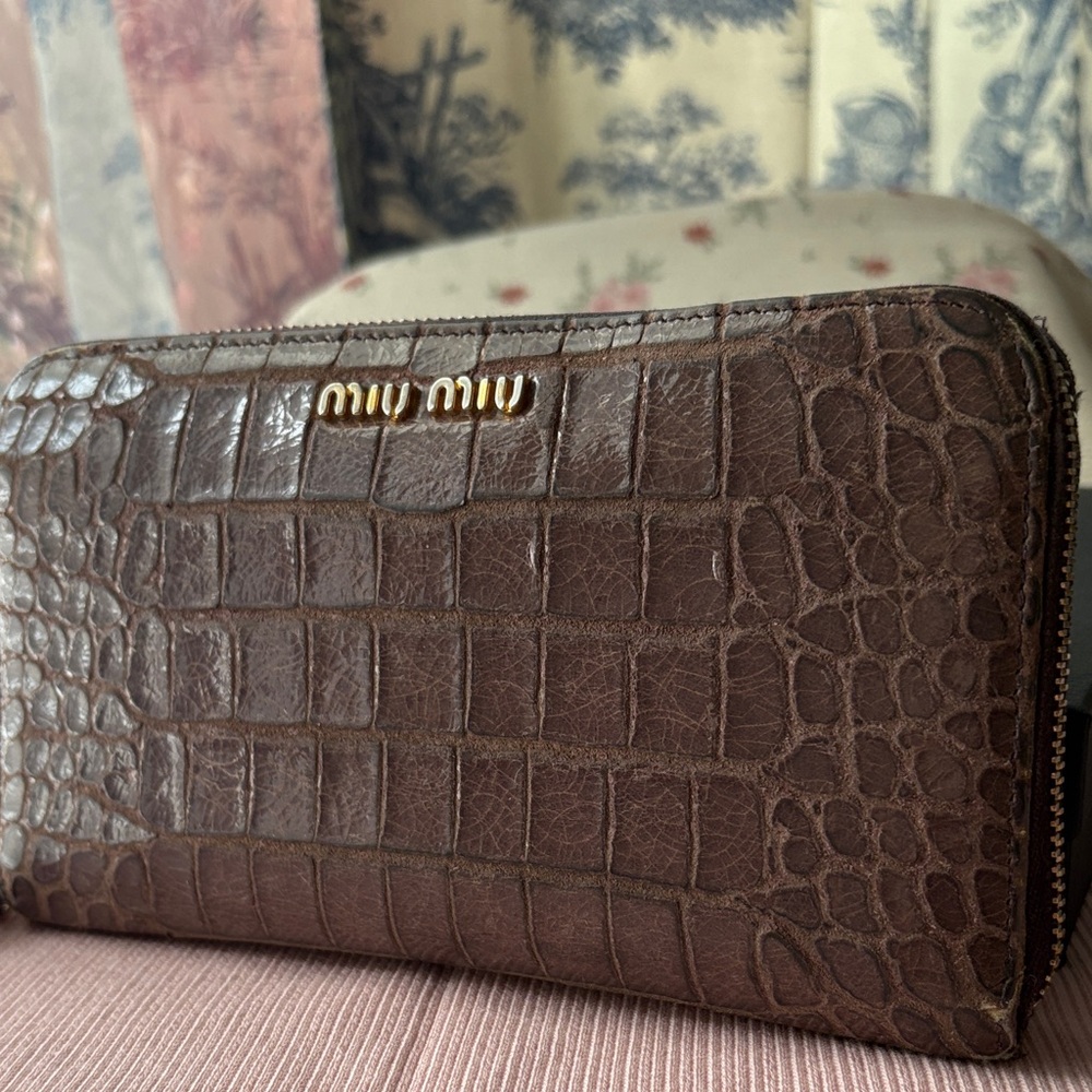 Miu Miu Dark Brown Crocodile Embossed Wallet